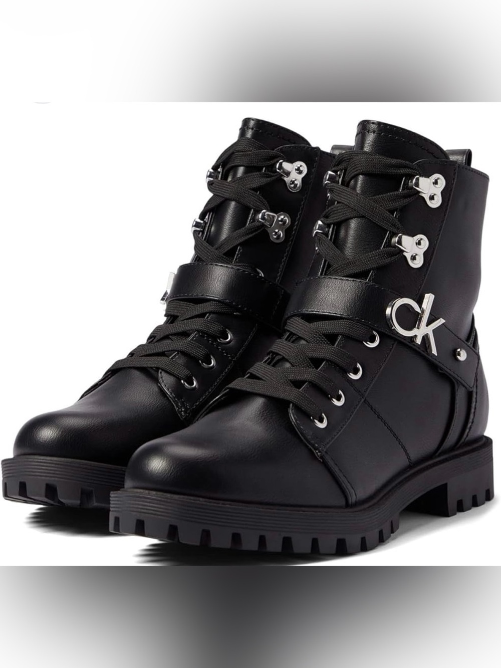 Calvin Klein Black Leather Lace-Up Combat Booties with CK Logo Strap